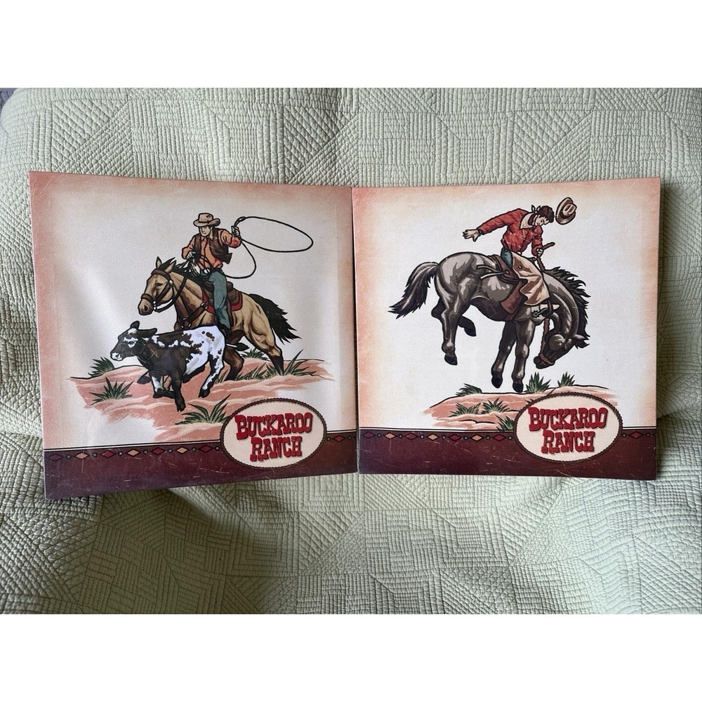 Set Buckaroo Ranch Art Work Bucking Cowboy 12" X 12" Country And Western NEW